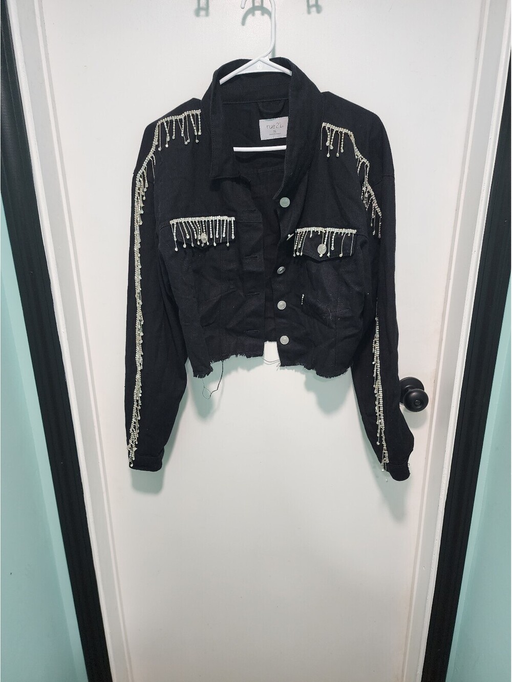 Black Cropped Denim Jacket with Beaded Fringe and Matching Shorts Set